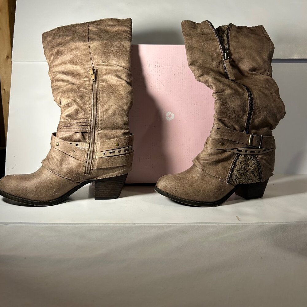 JORDIE Women's Tall Buckle & Lace Boots Taupe Brown Size 6M